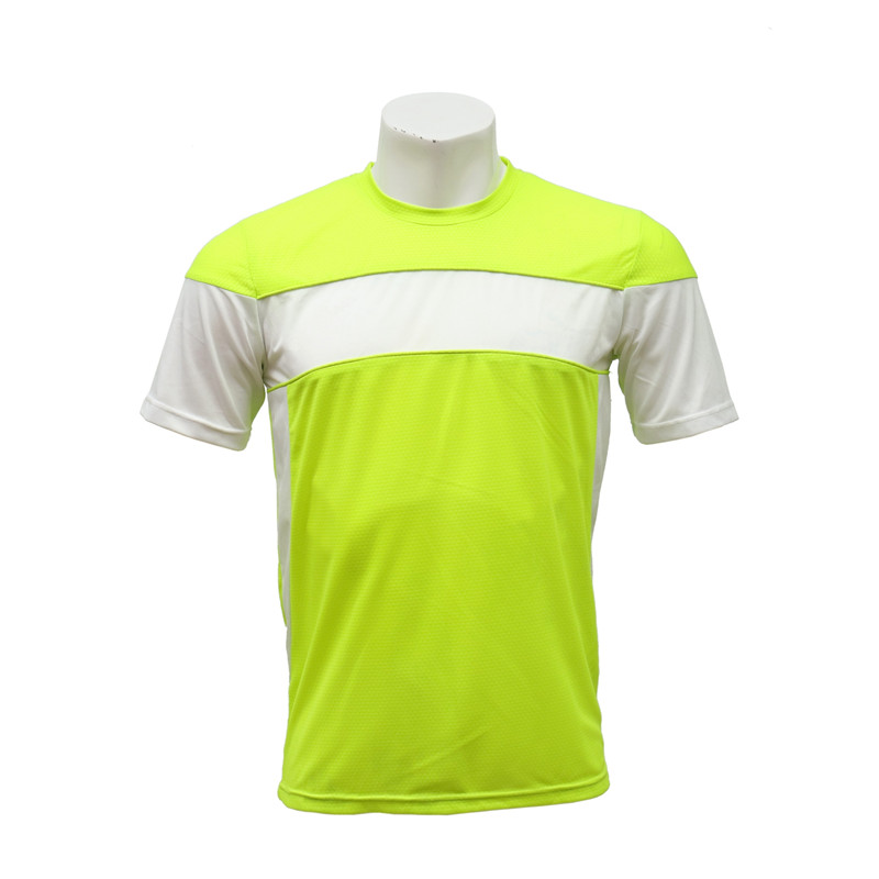 Men's 100% Polyester Short-sleeved Fluorescent Yellow and White Cut and Sewn Soccer Jersey 