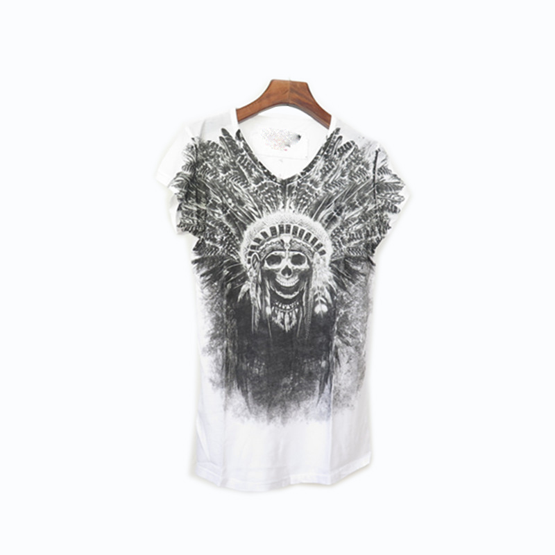 V-neck Indian Totem Style Skeleton Printed Cotton T-shirt