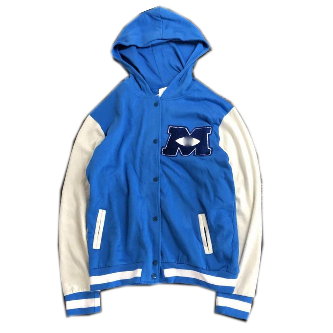 Juniors' Blue and White Button-up Hoody Baseball Jacket  with Embroidery LOGO and Print back