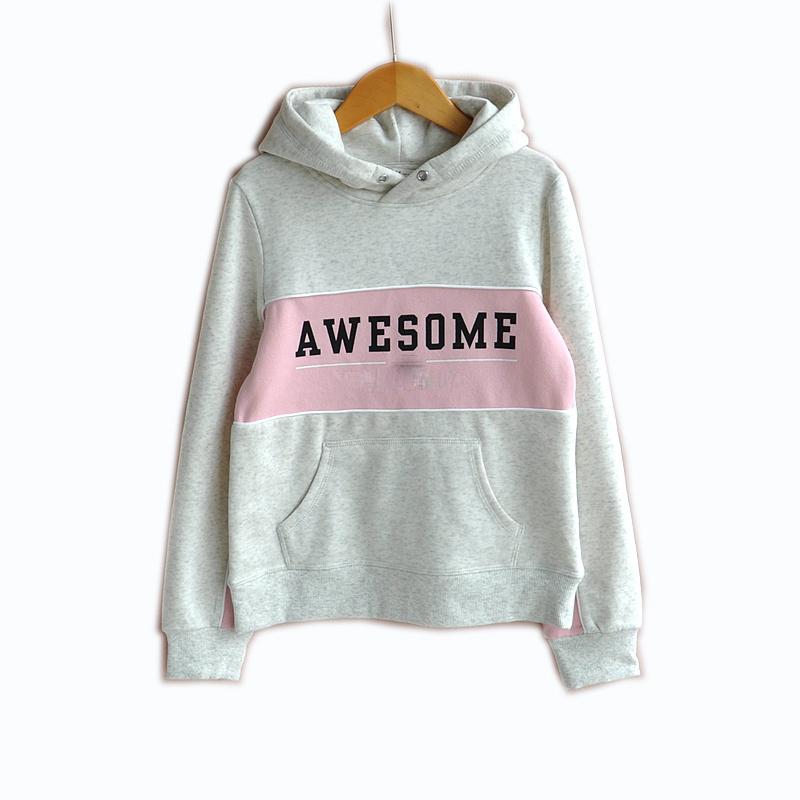 Girls' Grey and Pink Printed LOGO Hoodies without Drawstring